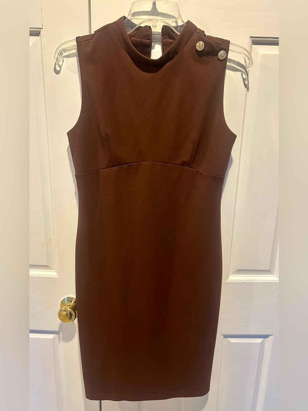 Sleeveless Chocolate Brown Sheath Dress with Button Shoulder Detail